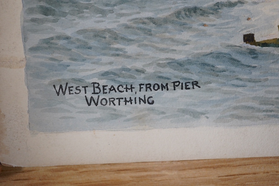 Alfred Robert Quinton (1853-1934), four original watercolours for postcards, Sussex views comprising The Pier, Bognor Regis, East Beach, Eastbourne, West Beach from the Pier and The New Aquarium Brighton, each signed, 20